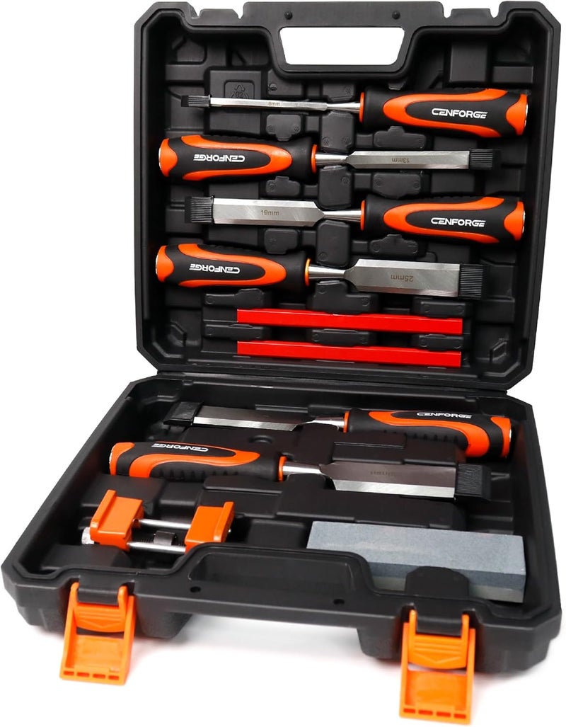 CENFORGE 10-PC Wood Chisel Set, 6 Wood Chisels with 1 Honing Guide, 1 Sharpening Stone and 2 Carpenter Pencils, Wood Chisels for Woodworking, formones para carpintería - Image 1